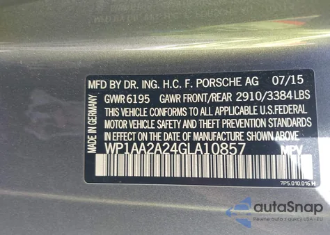 2016 Porsche Cayenne z USA, uszkodzony, nr VIN WP1AA2A24GLA10857